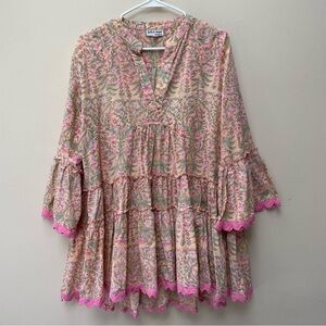 Juliet Dunn 100% Cotton Tiered Tunic Babydoll Minidress Peach Floral Size S